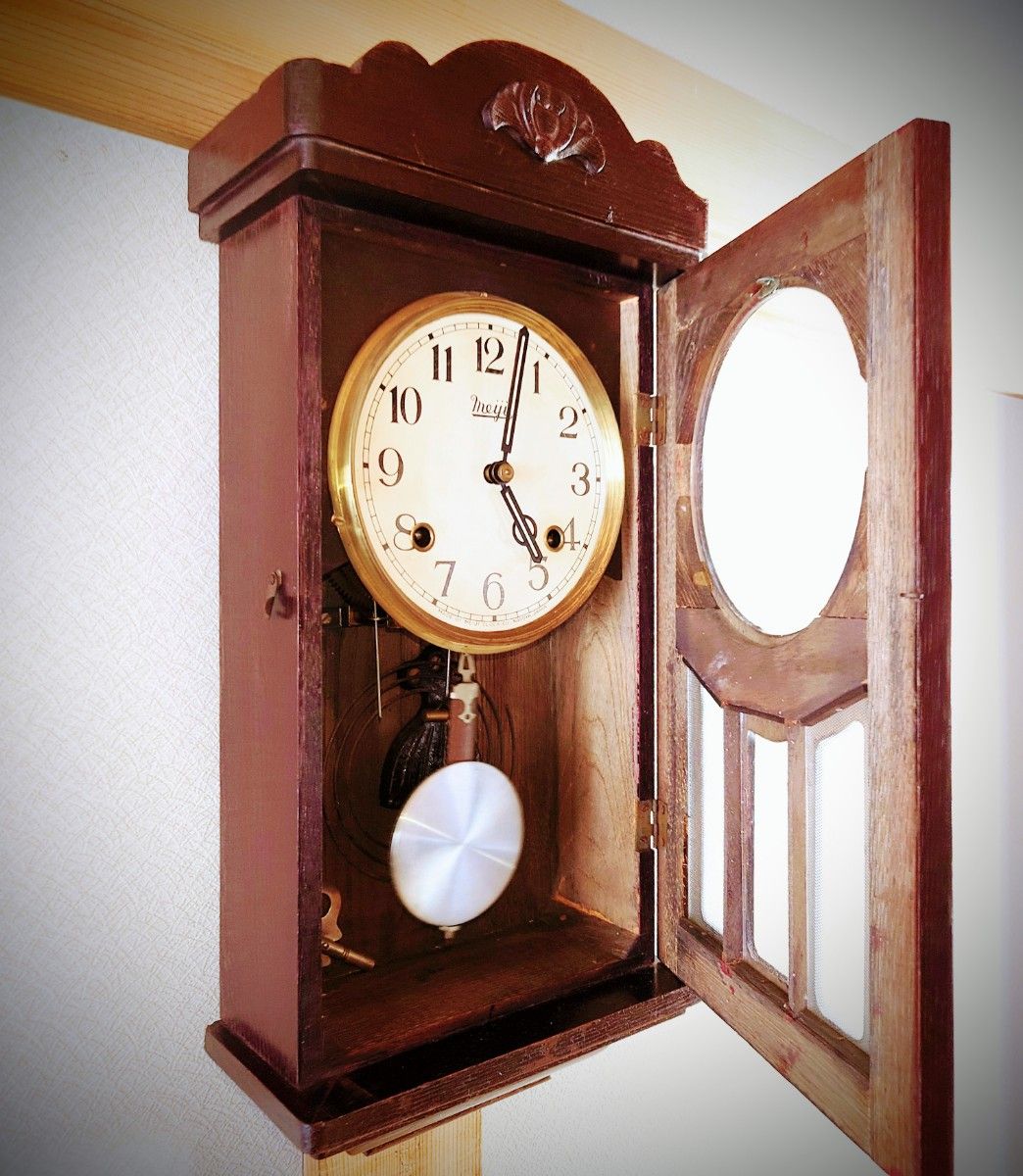完動・美品〉明治時計② 宮型ゼンマイ振り子時計 ボンボン時計古時計