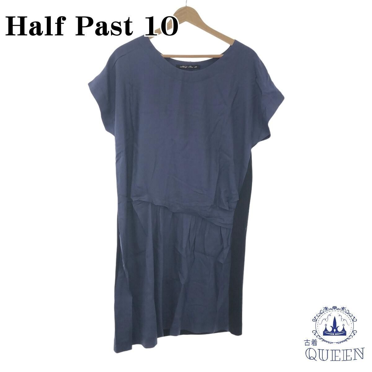 【訳アリ】 Half Past 10 ワンピース 切り返し 膝丈 半袖 レディース ネイビー キュプラ 901-2392 送料無料 古着_画像1