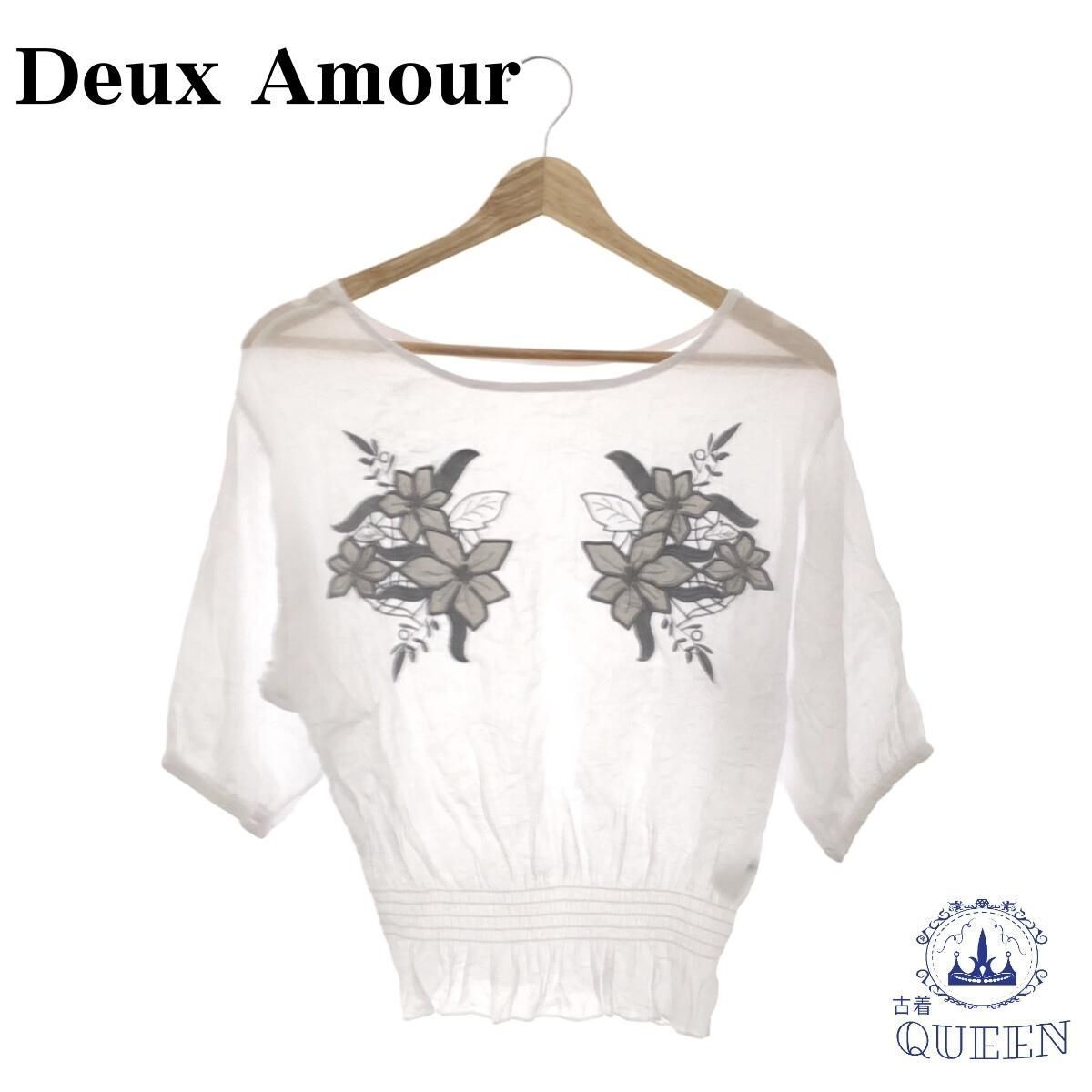 ☆美品☆ Deux Amour ドゥーザムール トップス カットソー 半袖 レディース ホワイト 花柄 M～L 901-2857 送料無料 古着_画像1