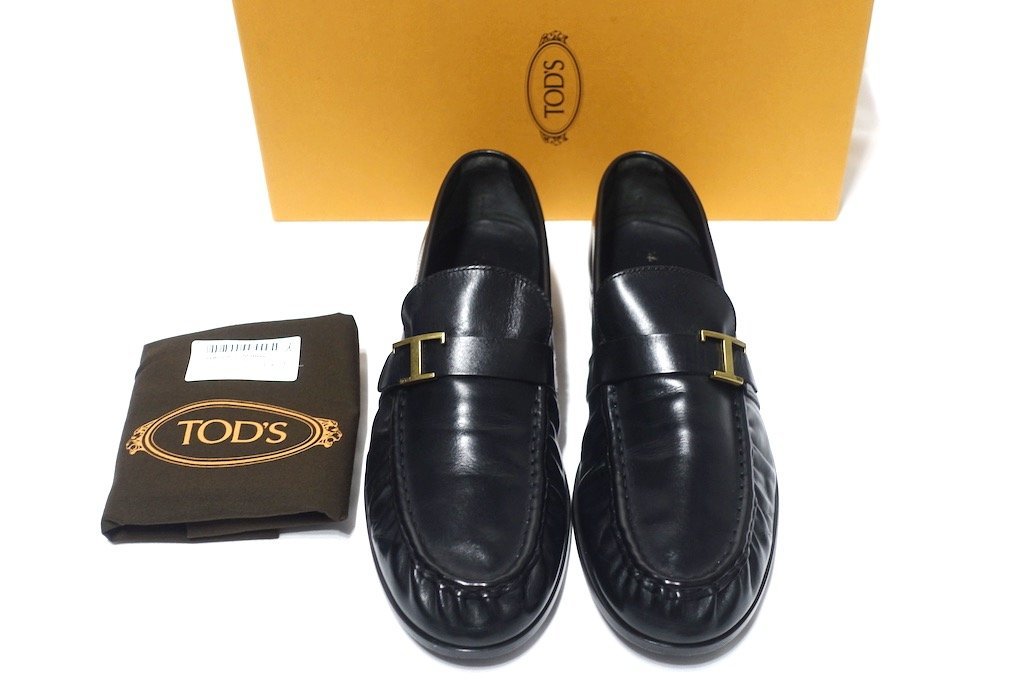 定価10.8万 極美品 TOD'S トッズ Tタイムレス レザー ローファー カーフ ブラック 黒 メンズ 9 1/2 革靴 ビジネスシューズ