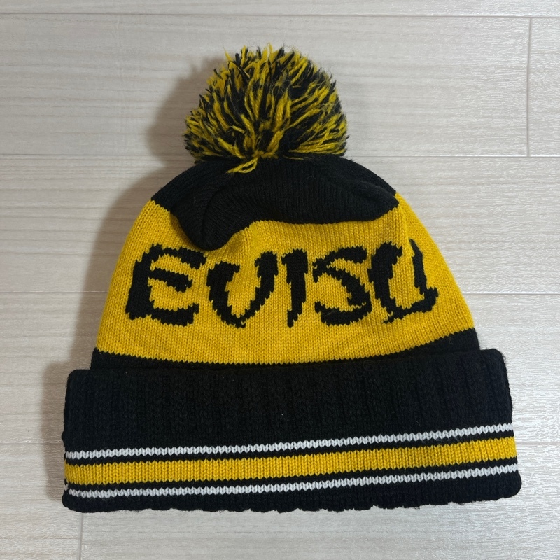 EVISU/エヴィス/Y2K/00s/ボンボン付き/ボーダーデザインニットキャップ/ブラック×イエロー/フリーサイズ