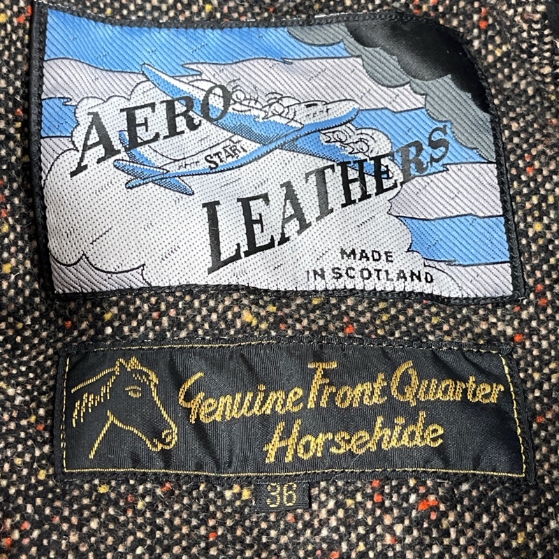 AERO LEATHERS/ aero leather /90s/ airplane tag / Scotland made / Horse Hyde / collar attaching single rider's jacket /HALF BELT/ tweed lining 