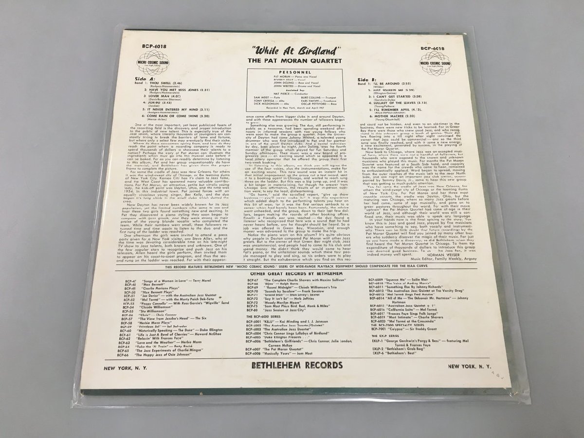 LPレコード The Pat Moran Quartet While At Birdland Bethlehem Records BCP6018 2401LO139_画像2