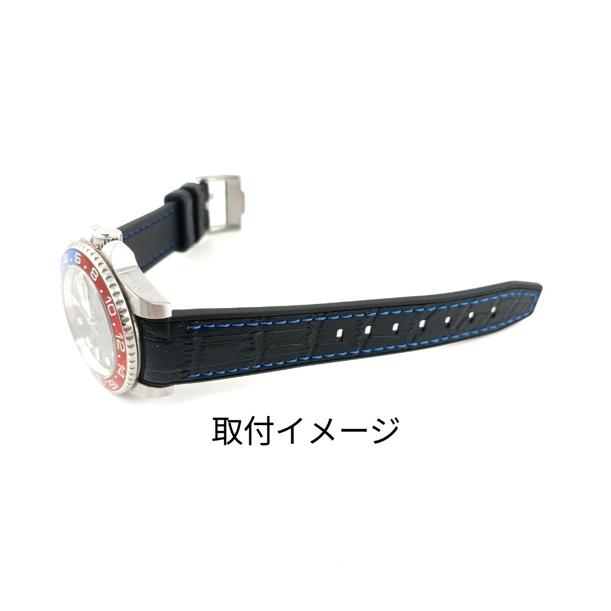 20mm レザー調 ラバーベルト ブラック×ブルー 型押し 腕時計 20mm レザー調 ラバーベルト ブラック×ブルー 型押し 腕時計