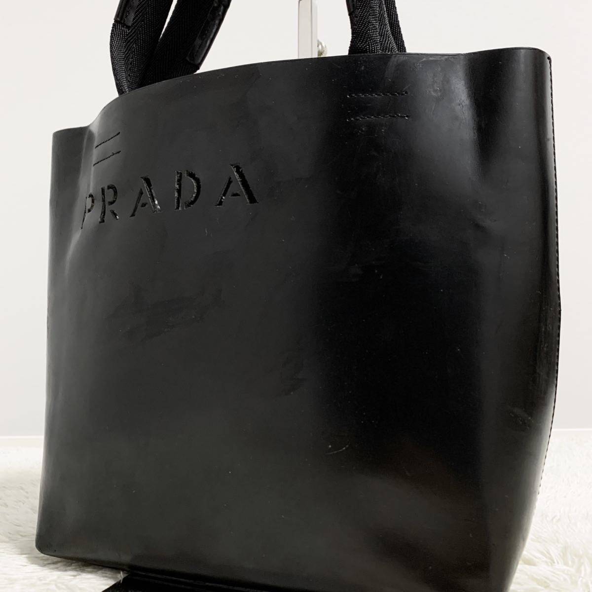 1円〜 プラダ PRADA メンズ ビジネス トートバッグ ハンド カーフレザー 本革 手提げ 型抜き B5収納 ロゴ ブラック 黒_画像1