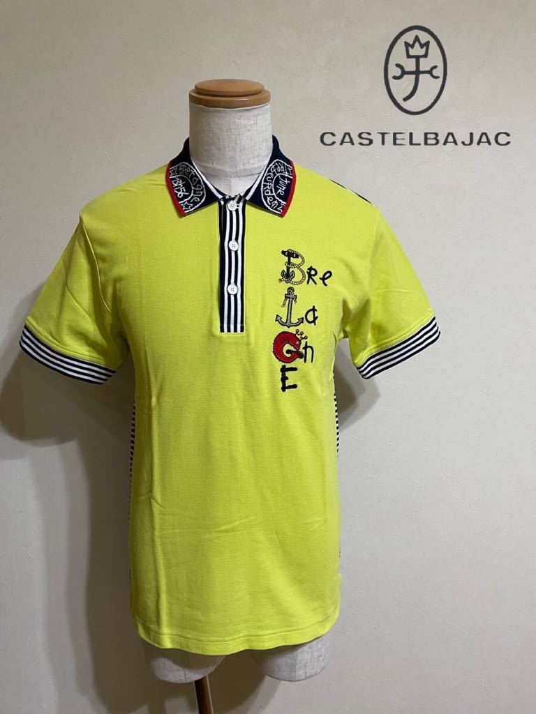 【美品】 CASTELBAJAC GOLF カステルバジャック ゴルフ 鹿の子 ドライ ポロシャツ トップス サイズ2 半袖 イエロー ネイビー 白 日本製
