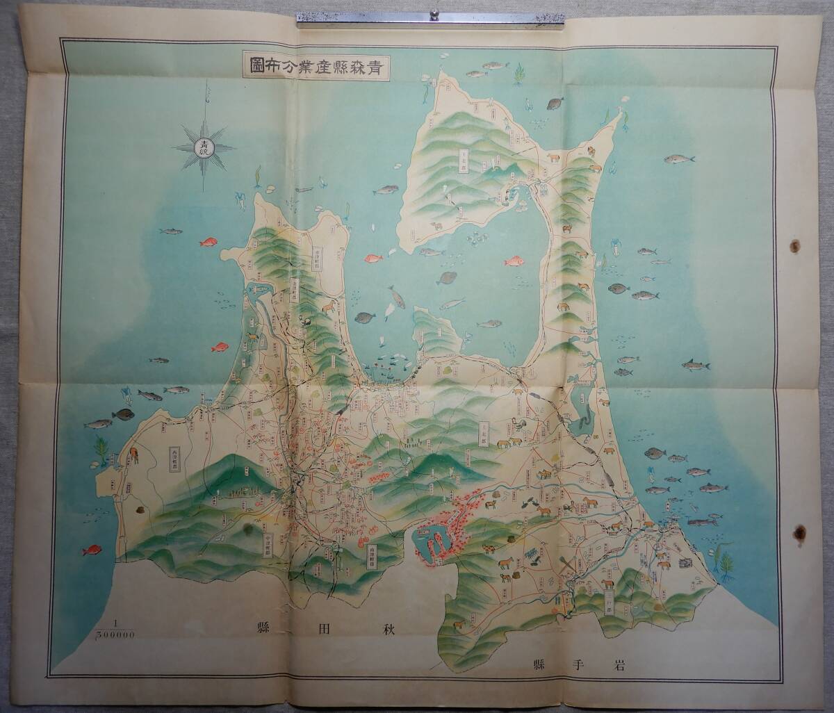 昭和戦前「青森県産業分布図(地図)」30万分の1 63×54㎝程 ※破れ・シミ・汚れのある古物です。の画像2