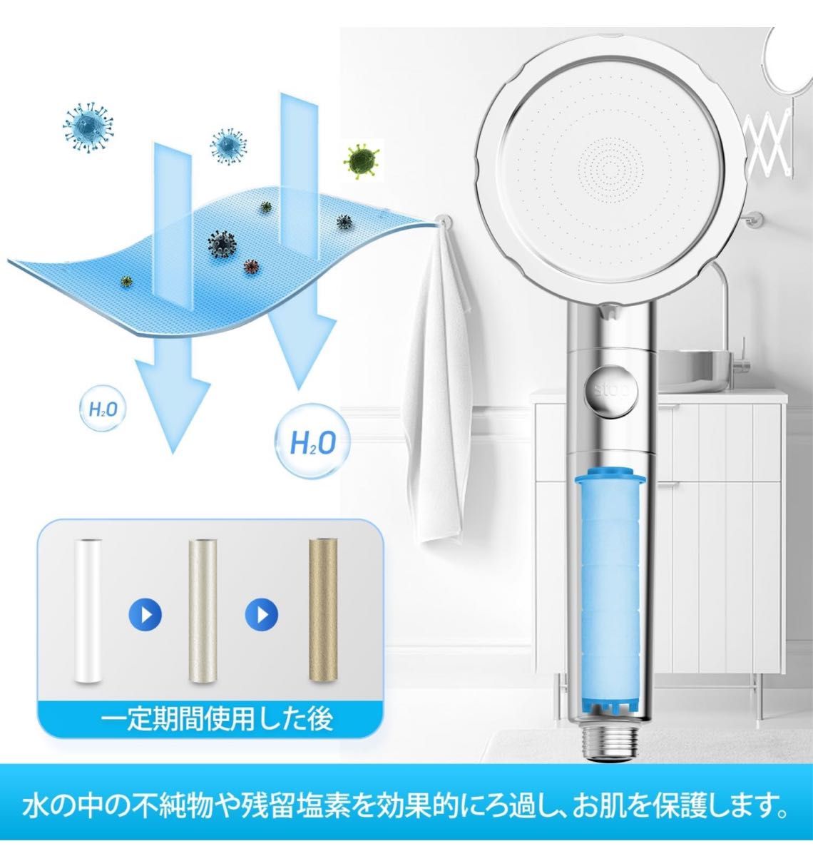 シャワーヘッド 塩素除去 3段階モード 止水ボタン 特殊洗浄モード付き節水シャワーヘッド フィルターコット3枚 アダプター4個付き