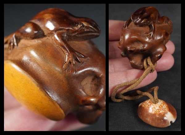 根付　提げ物　彫刻　蛙　カエル　たから貝　宝貝　竹　木彫り彫刻　中国美術　唐物　古玩　骨董　工芸品