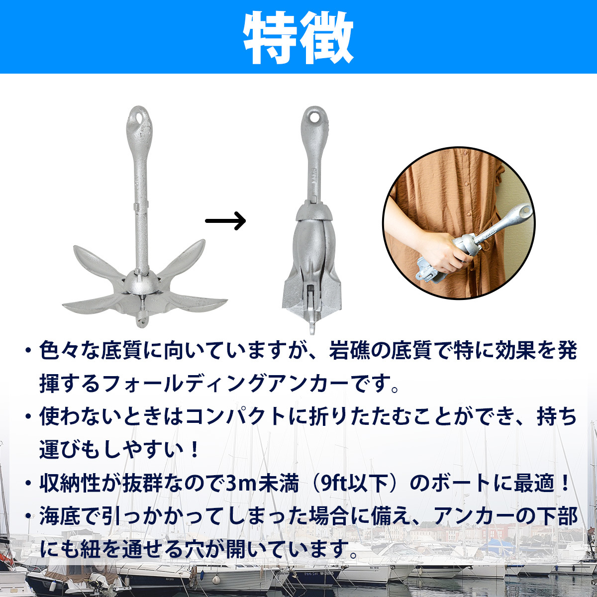 フォールディングアンカー 2.5kg 2.5キロ ホールディング シー アンカー ジェットスキー 小型 船舶 船 碇 錘 岩礁 等に_画像2