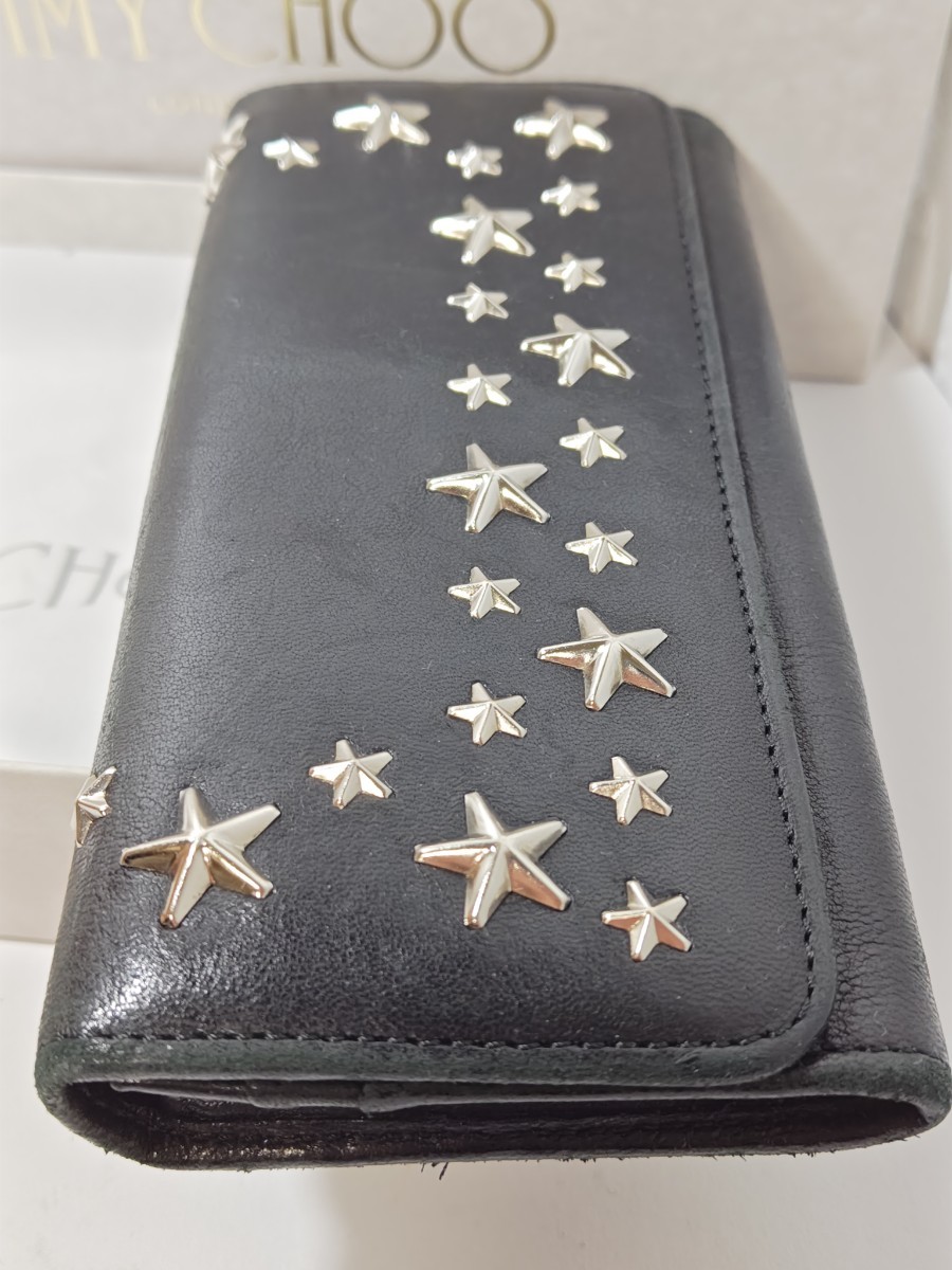 1円スタート【箱/袋付き】JIMMY CHOO　ジミーチュウ 長財布 ファスナー付き スタースタッズ ブラック シルバー レザー　ユニセックス_画像2