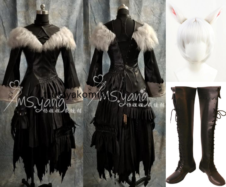 高品質 ◆ファイナルファンタジーXIV FF14 黒の魔法使い ヤ・シュトラ コスプレ衣装 風 全セット 杖 靴 ウィッグ別売り