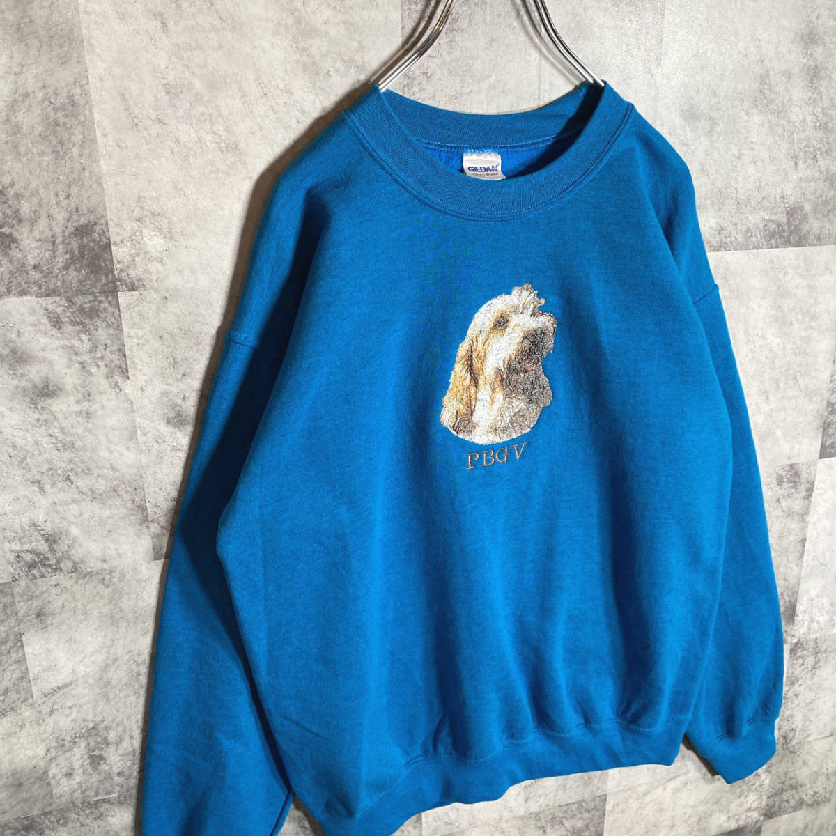 【USED】 Vintage ギルダン GILDAN スウェット アニマル DOG 犬 PBGV 刺繍 90s 古着 M ターコイズ ☆送料無料☆_画像3