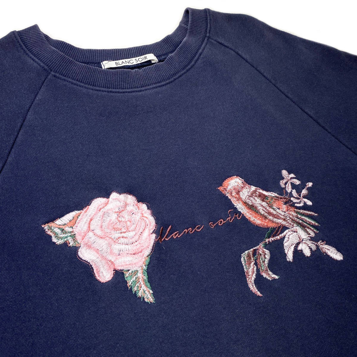 【USED】Vintage スウェット トレーナー 花 バラ ROSE 鳥 刺繍 L～XLサイズ相当 ネイビー ☆送料無料☆_画像6