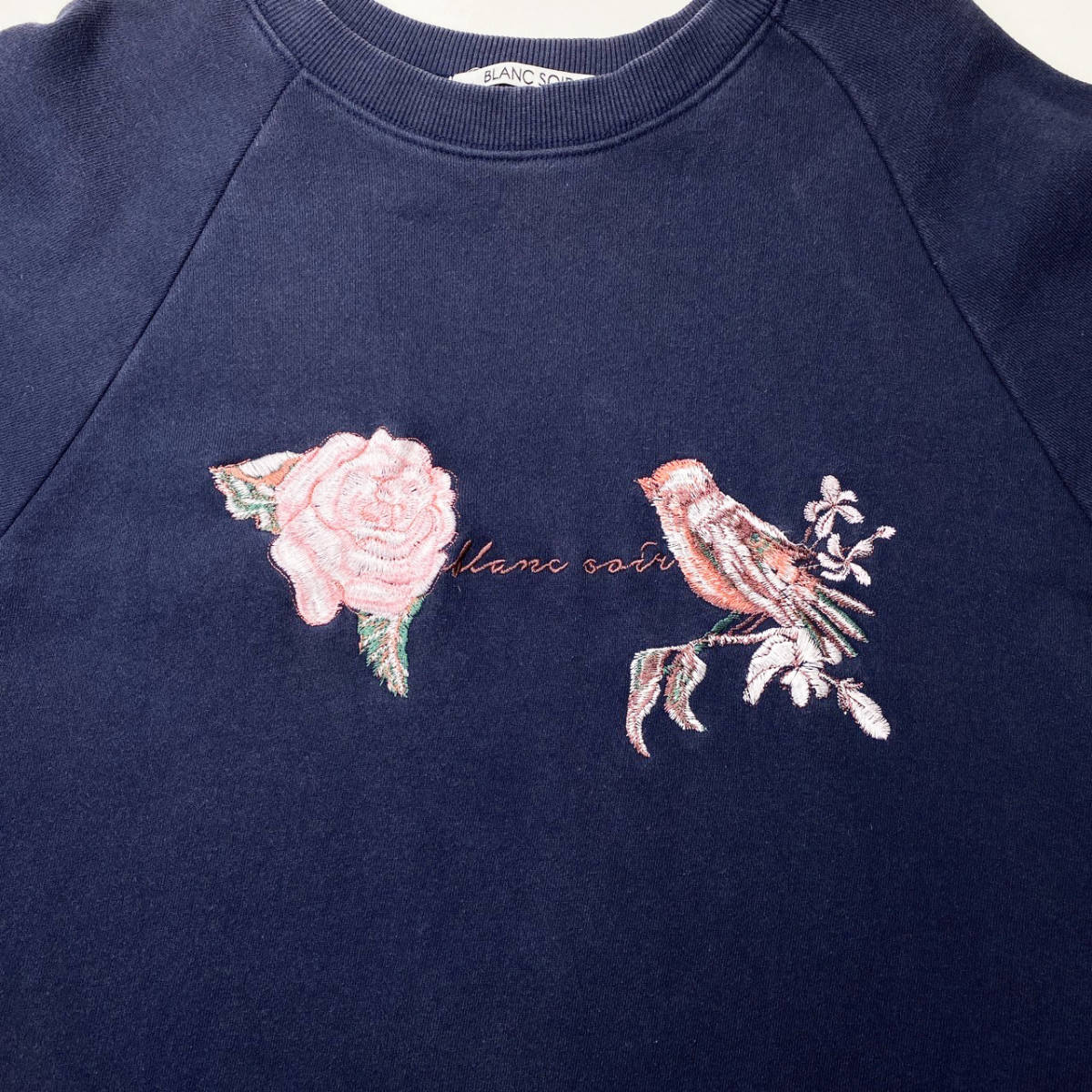 【USED】Vintage スウェット トレーナー 花 バラ ROSE 鳥 刺繍 L～XLサイズ相当 ネイビー ☆送料無料☆_画像7