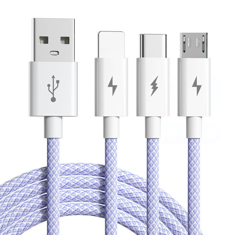 【3 in1 USB 1m 66w マカロン色】充電専用ケーブル type c iphone lightning microUSB 大電流 １本　急速充電　同時充電 ナイロンコード_画像1