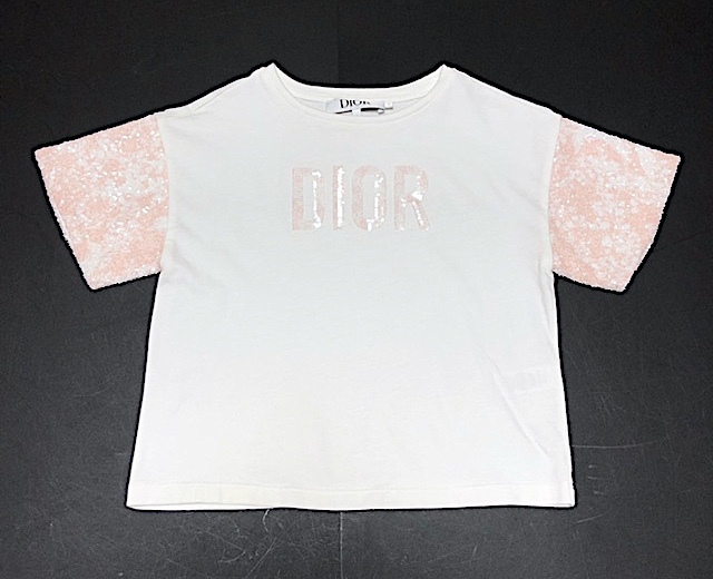 二点落札で送料無料！ 2A48【ほぼ未使用】baby Dior ベビーディオール 23SS チュールスパンコールTシャツ 半袖トップス 4才 春夏 ピンク