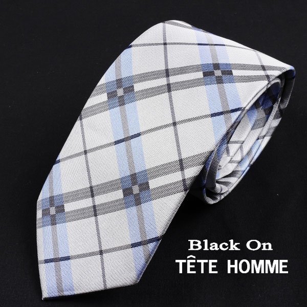 新品1円～★Black On TETE HOMME テットオム シルク絹100％ ネクタイ チェック グレー 正規店本物◆2960◆_画像1