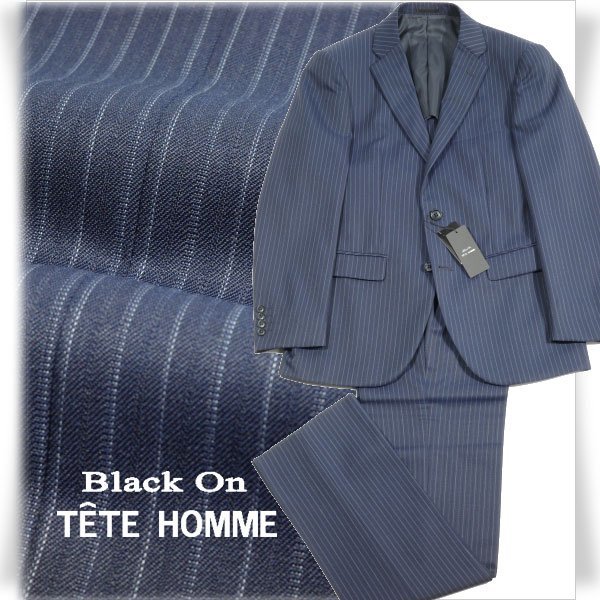 新品1円～★定価4.9万 Black On TETE HOMME テットオム ウール毛 シングル二つボタンスーツ 92A5 ノータック ストライプ 紺 ◆3632◆_画像1