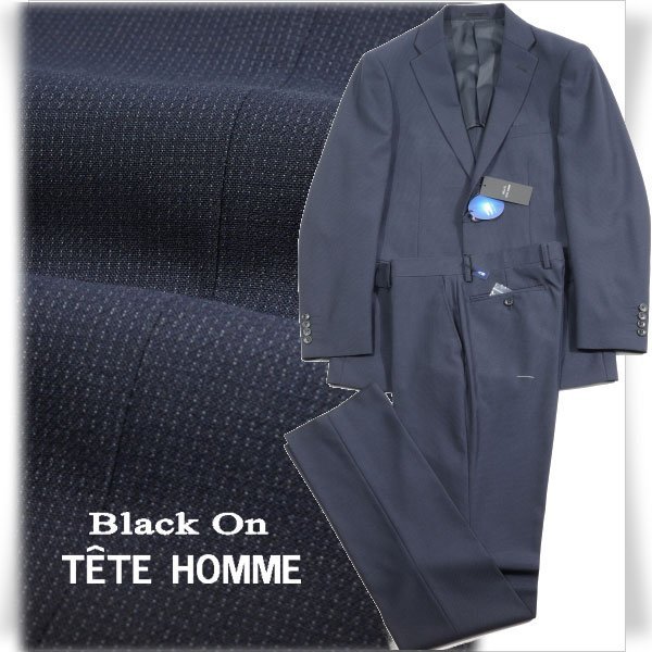 新品1円～★定価4.9万 Black On TETE HOMME テットオム ウール毛 シングル二つボタンスーツ 94A6 ノータック ストライプ 紺 ◆5313◆_画像1