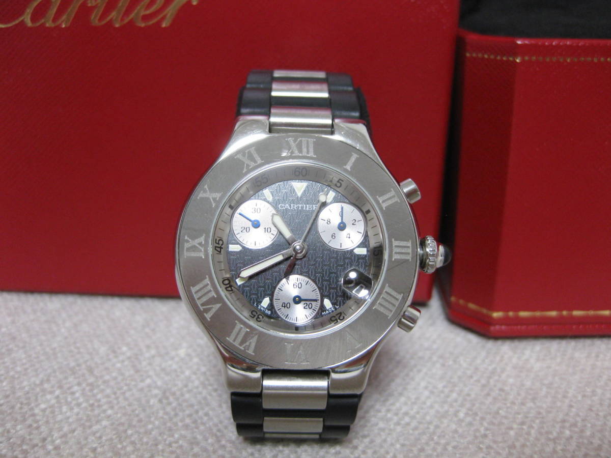 美品 Cartier カルティエ マスト21 2424 クロノスカフ 黒文字盤 デイト メンズ 腕時計 クロノグラフ ラバーベルト ダイバーズウオッチ箱付の画像3
