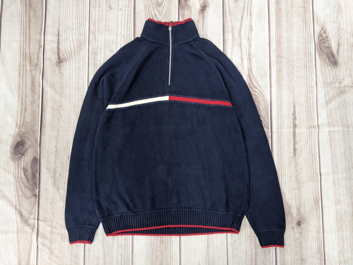 18．00s トミーヒルフィガー TOMMY ハーフジップ コットンニットブルゾン ジャケット メンズL　ネイビー赤アイボリーy108_画像1