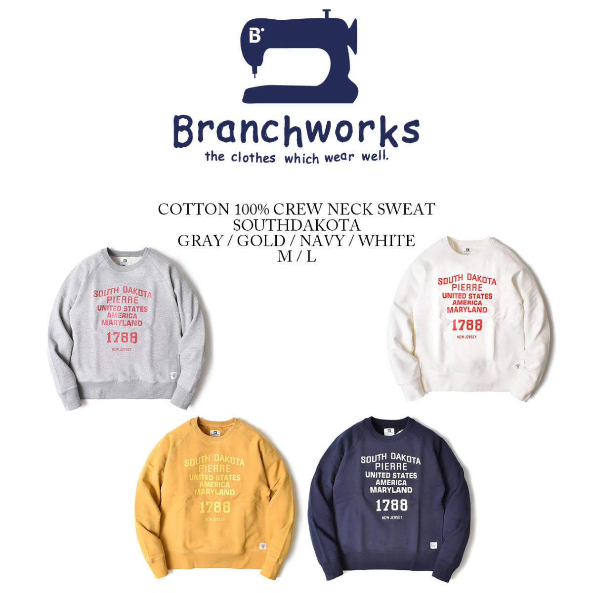【 Branchworks 】 ブランチワークス 日本製 Made in japan ユニセックス コットン100% スウェット SOUTHDAKOTA ネイビー M_画像5