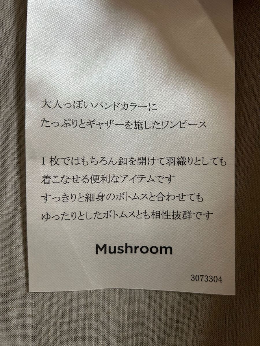 バンドカラーギャザーワンピース　袖シャーリング　シャツワンピース