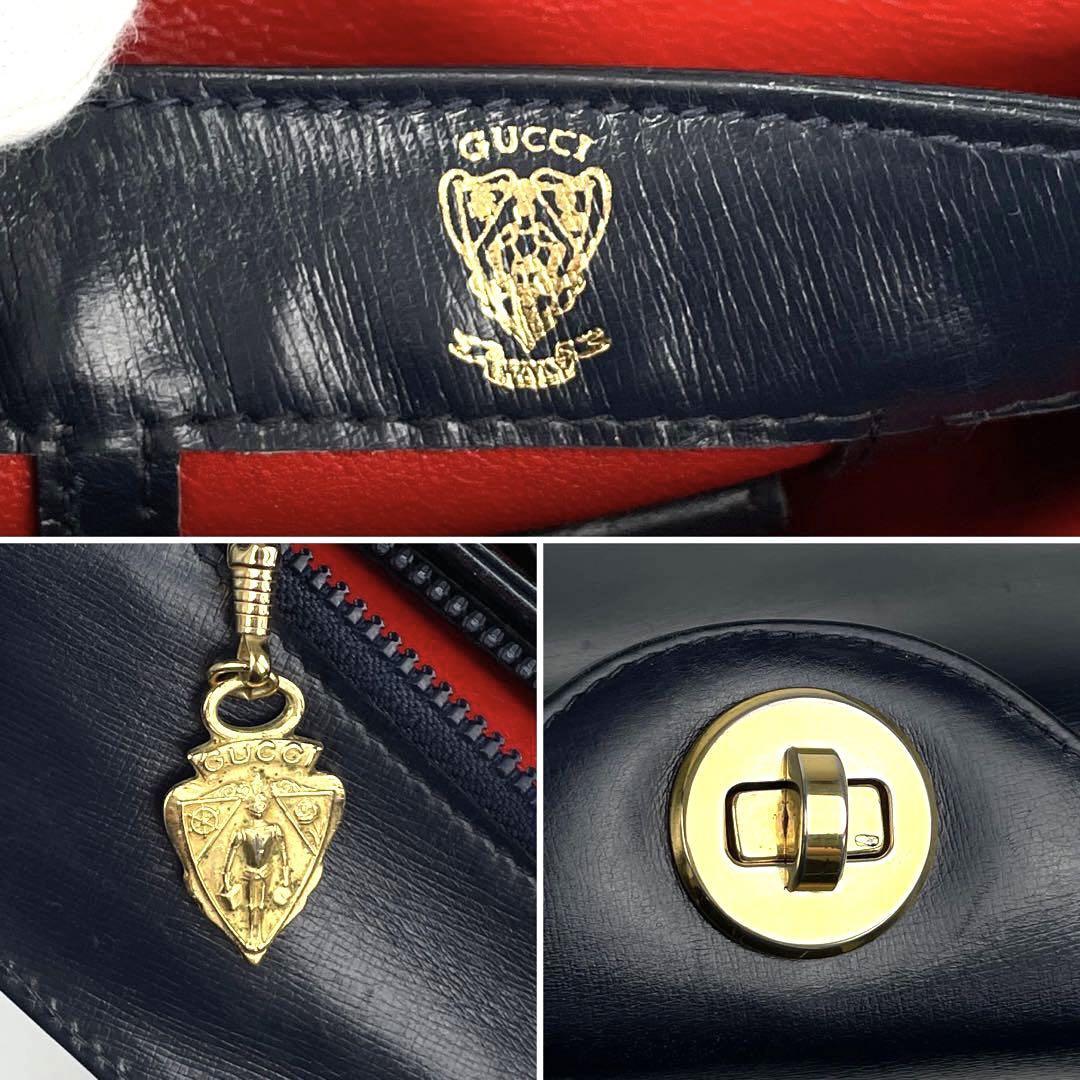 極美品 GUCCI グッチ ハンドバッグ ワンショルダー ターンロック クレストロゴ ゴールド金具 フォーマル 男女兼用 肩掛け カーフレザー 紺_画像7