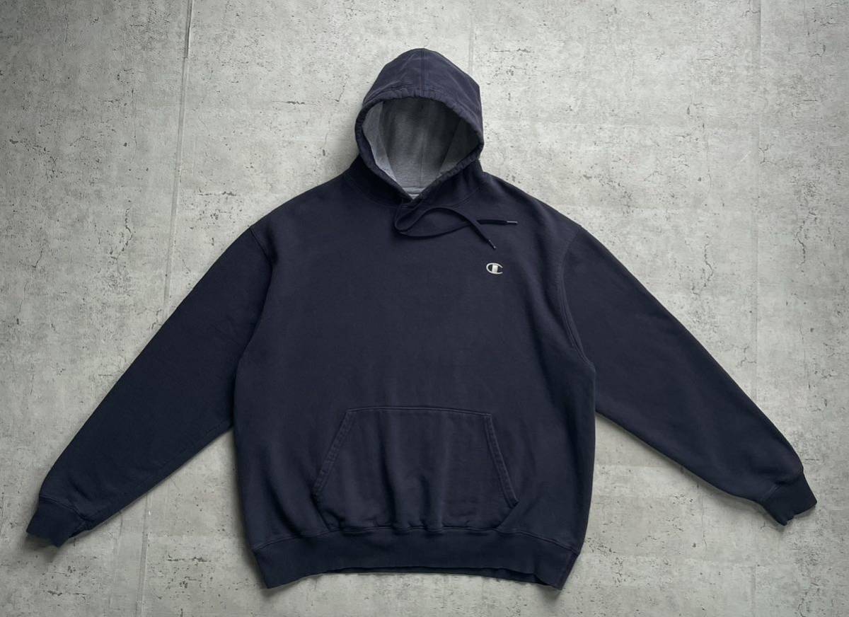 champion チャンピオン ヘビーオンス ワンポイントロゴ プルオーバー パーカー ネイビー XL シルバーロゴ_画像2