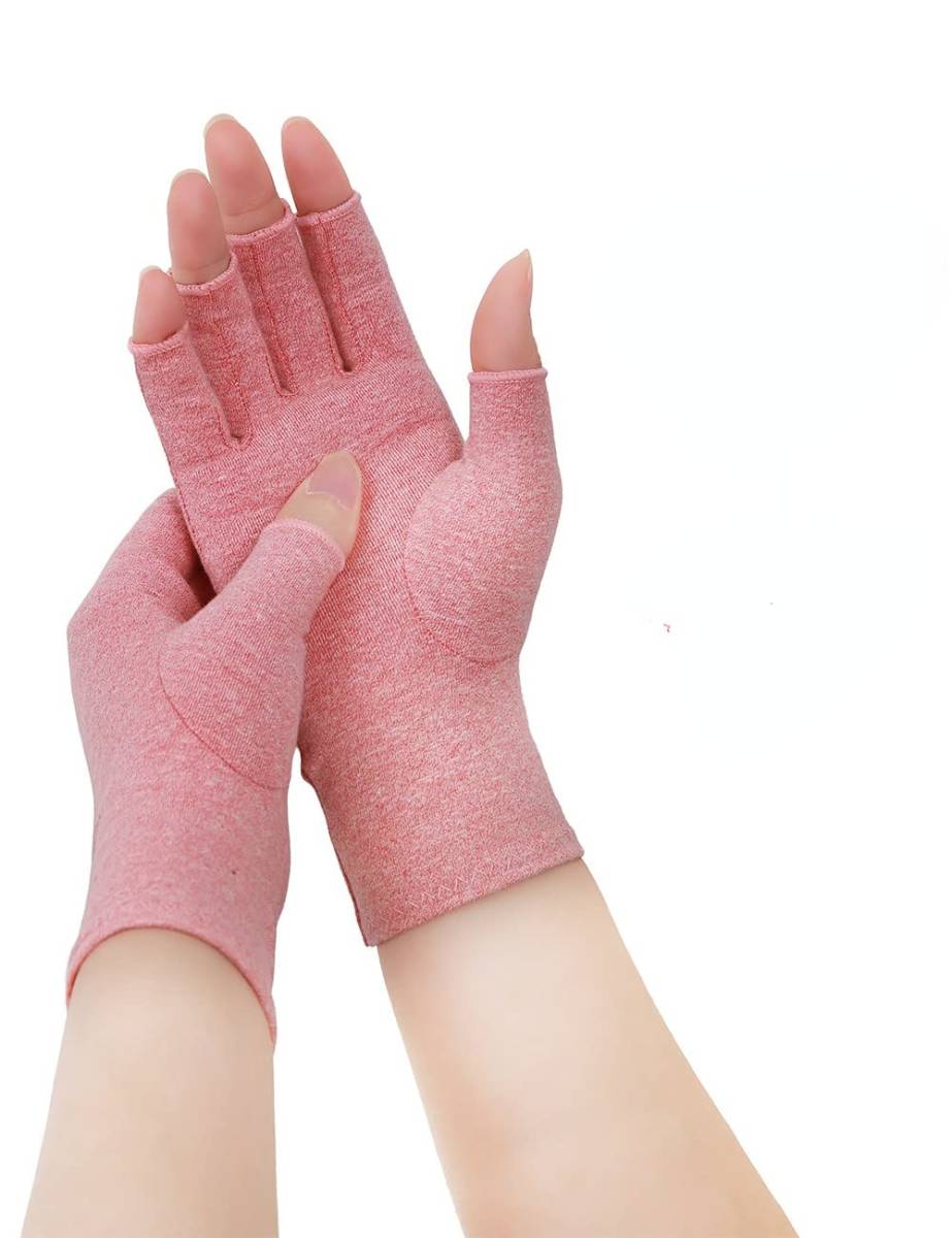 ピンク Lサイズ (x 1) Donfri 指 サポーター 指のサポーター 五本指 手のひら サポーター 薄い手袋 指なしグローブ_画像1