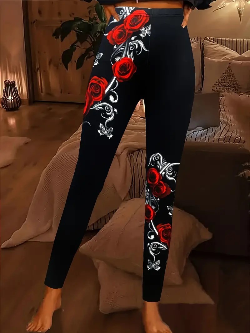  rose floral print skinny leggings 