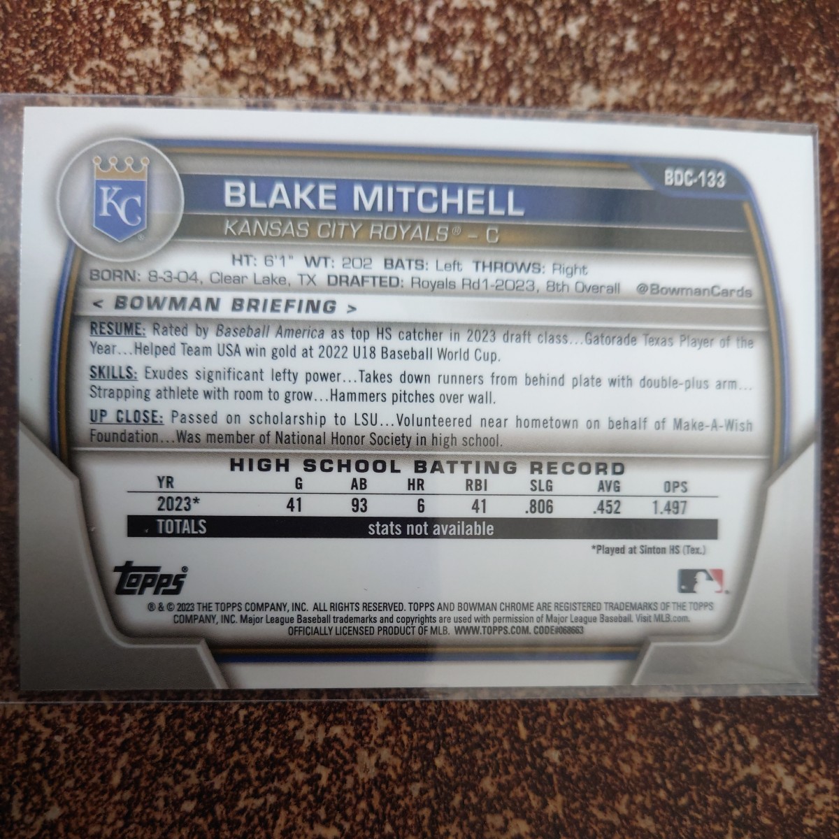 【サファイア】MLB 2023 Bowman〈BLAKE MITCHELL〉1st BOWMAN Chrome sapphire ドラフト1巡目 カンザスシティ・ロイヤルズ Topps_画像2