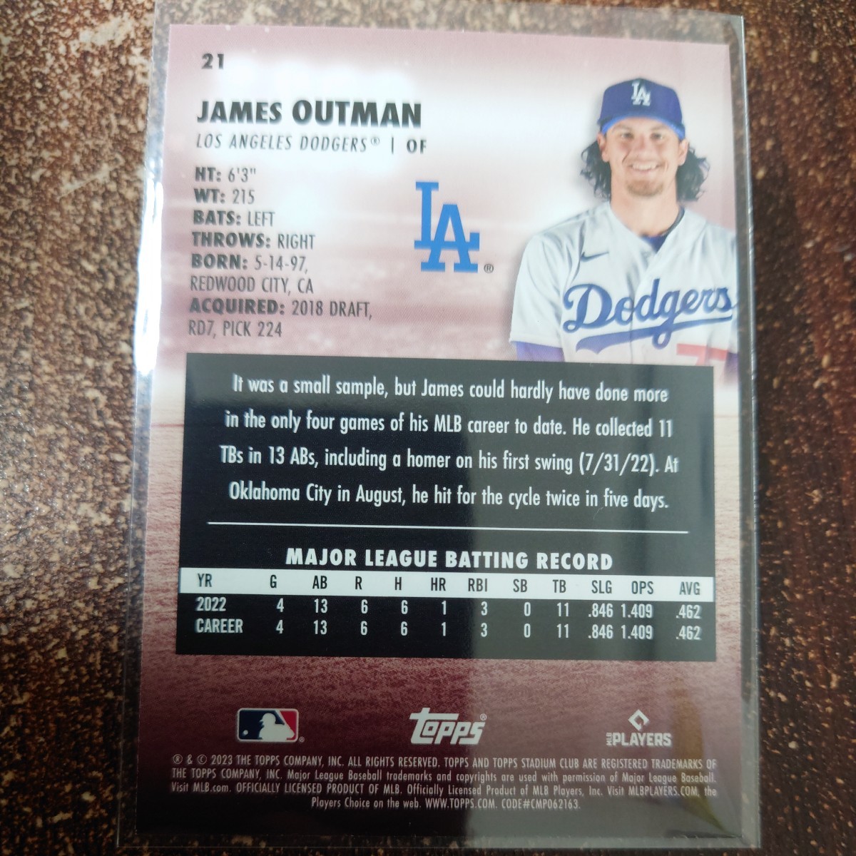 MLB 2023 Topps〈JAMES OUTMAN〉RC ルーキー ロサンゼルス・ドジャース STADIUM CLUB ②_画像2