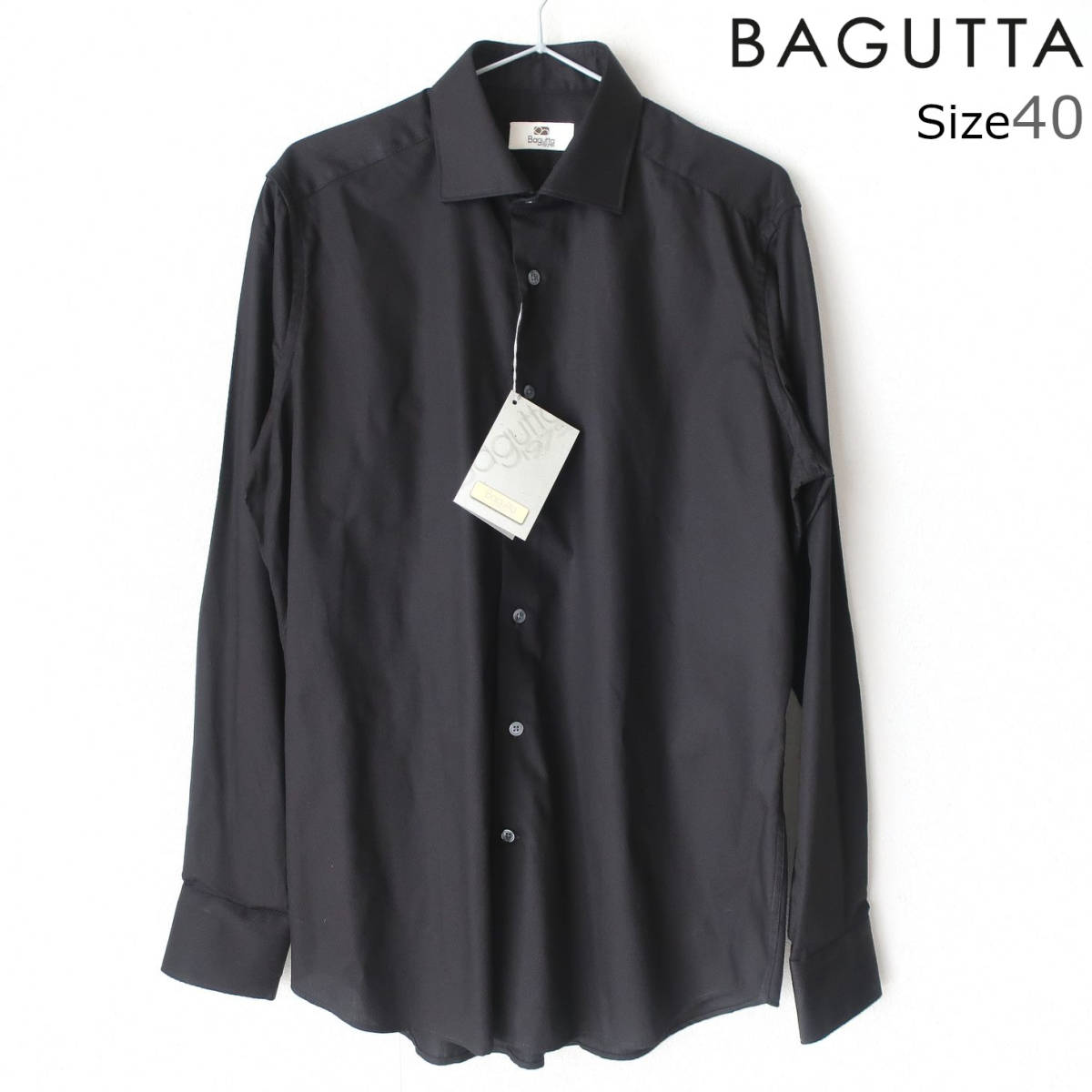 新品 未使用 BAGUTTA バグッタ 最高級 メンズ ドレスシャツ 織柄 シャドー柄 長袖シャツ ボタン シャツ 黒 ブラック 40 Lサイズ