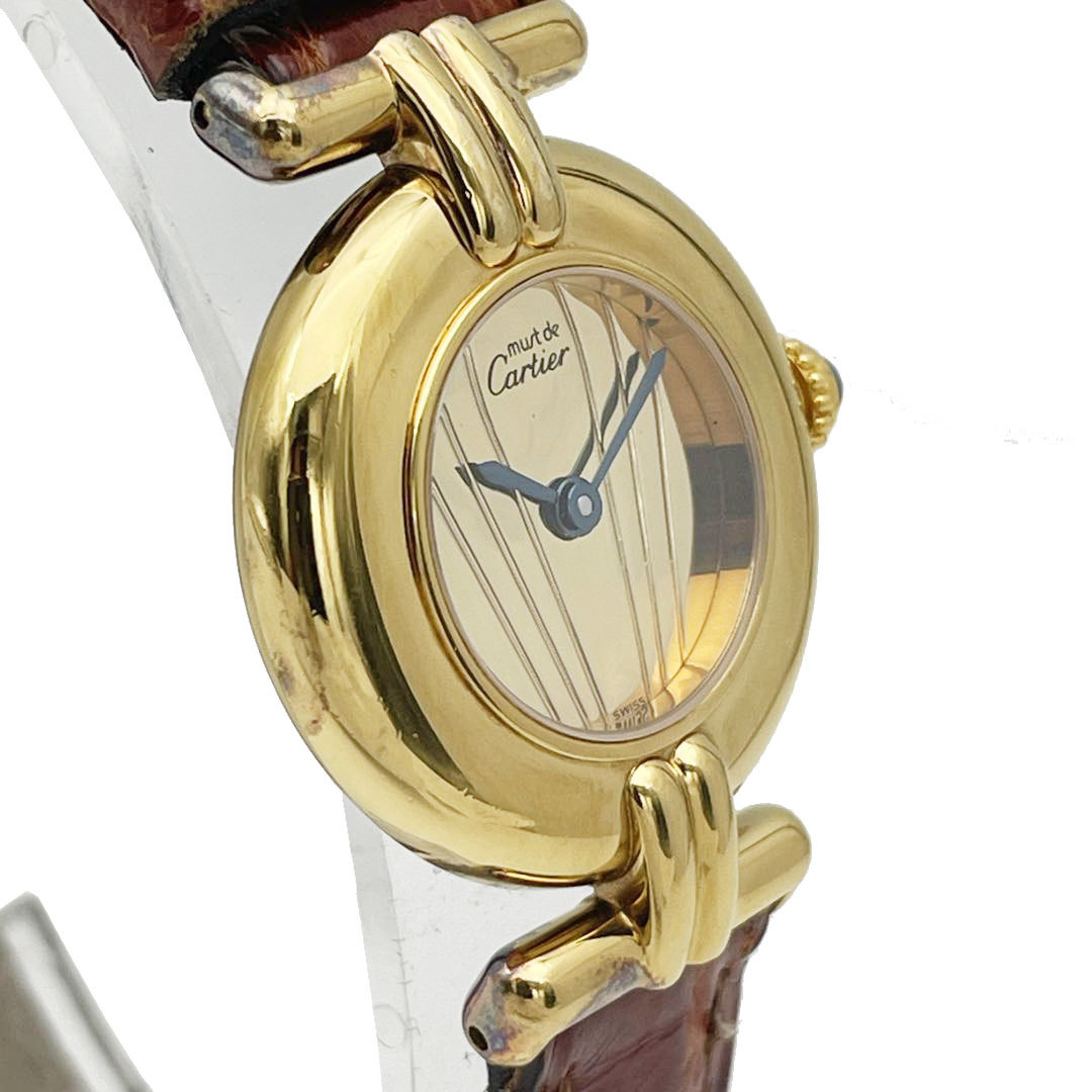 Caritier Cartier lady's wristwatch Must ko Rize mirror dial QZ 925 GP leather belt Gold Brown 