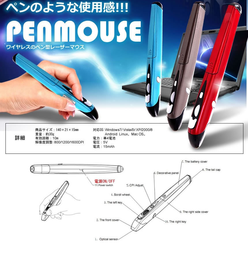 5個セット ペンマ 無線 マウス ペン型 持ち歩き 機能 パソコン タッチペン デザイン 絵 フォトショップ PC ET-V-PENMA_画像5