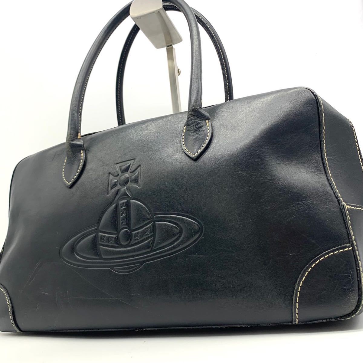 1円●希少品●Vivienne Westwood ヴィヴィアンウエストウッド 型押しオーブ ミニボストンバッグ ハンドバッグ 牛革 レザー 黒 レディース_画像1