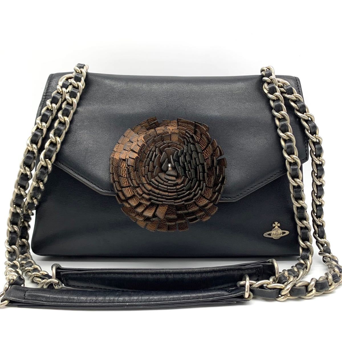 1円●高級品●Vivienne Westwood ヴィヴィアンウエストウッド オーブ金具 チェーンショルダーバッグ 牛革 カーフレザー 黒 レディース_画像1