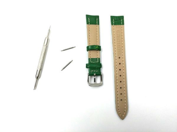 時計交換ベルト クロコ型押し 本革レザー バネ棒 工具付き 16mm グリーン_画像2