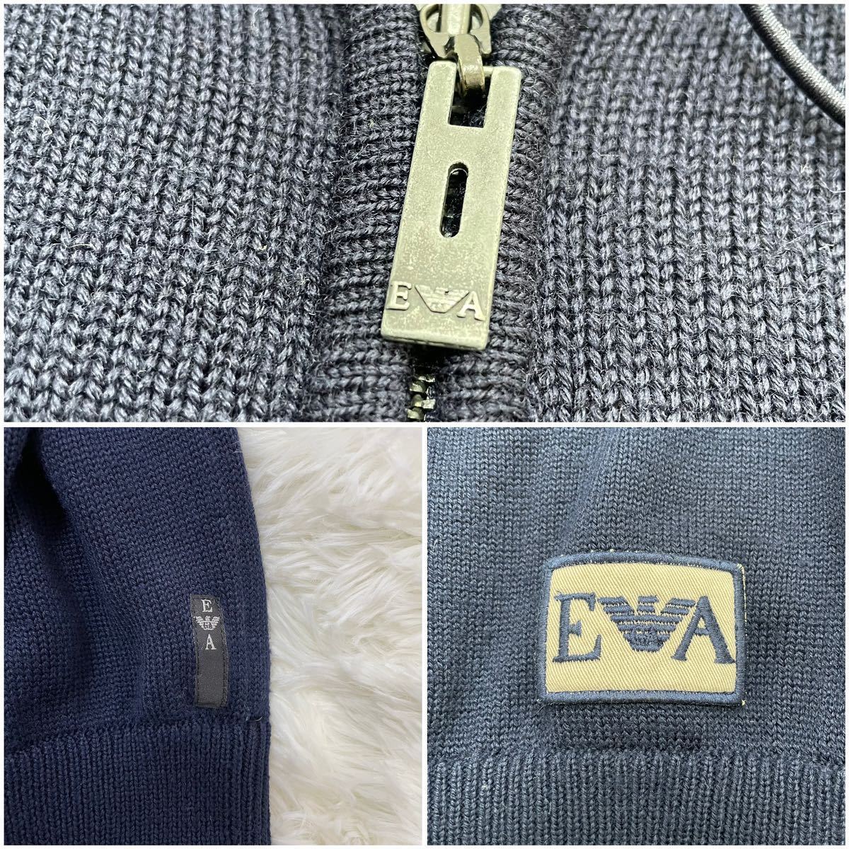 希少XL●エンポリオアルマーニ EMPORIO ARMANI ニット パーカー フードジャケット ダブルジップ ビッグイーグルロゴ 刺繍 紺 ネイビー 白_画像8