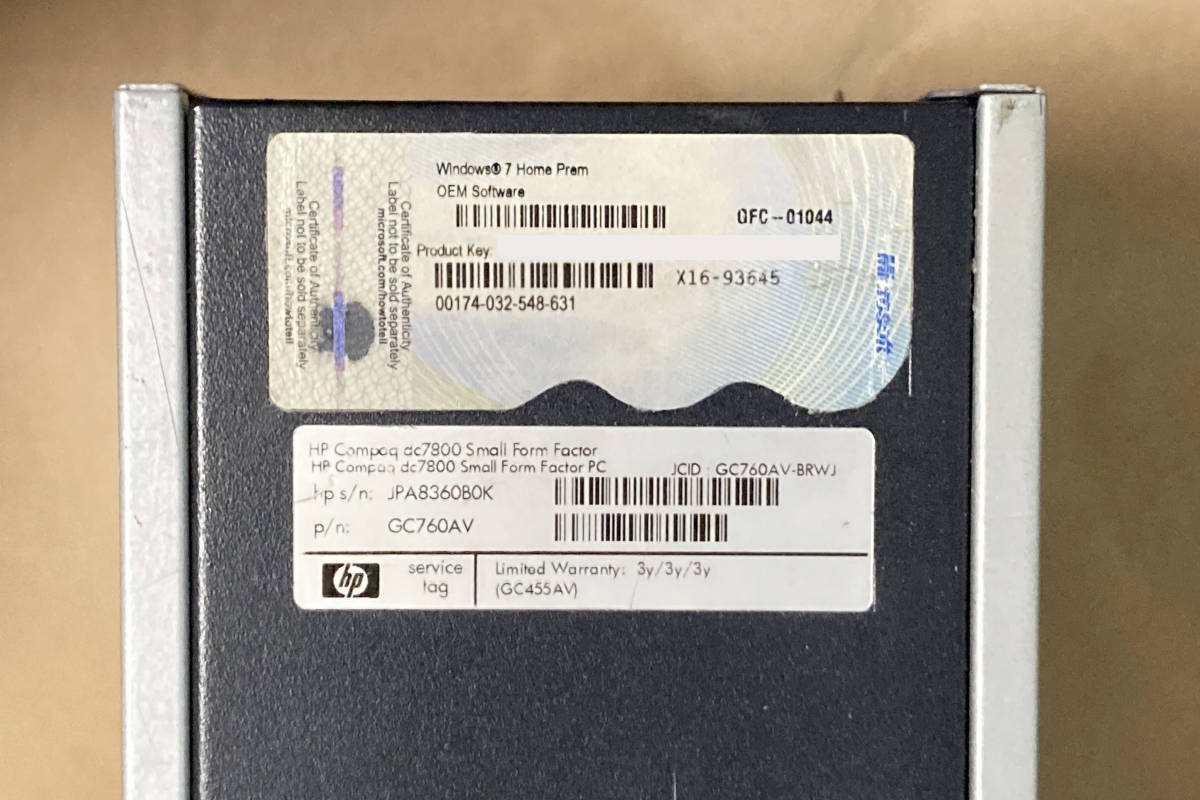 ★HP Compaq dc7800 SFF FDD付き Windows7 32bit Home Core2 Duo E6600_coaは貼り直したのでしわ等あります