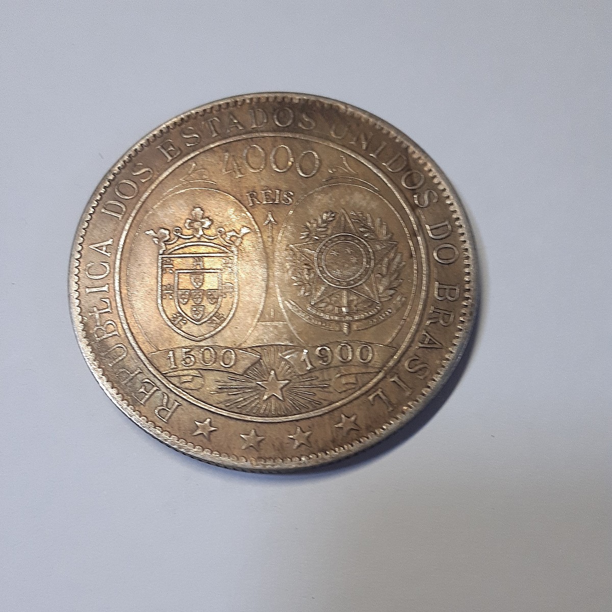 大型コイン(約50mm) ブラジル発見400年(1900年)ペドロ・アルヴァレス・カプラル 4000レイス銀貨の画像2