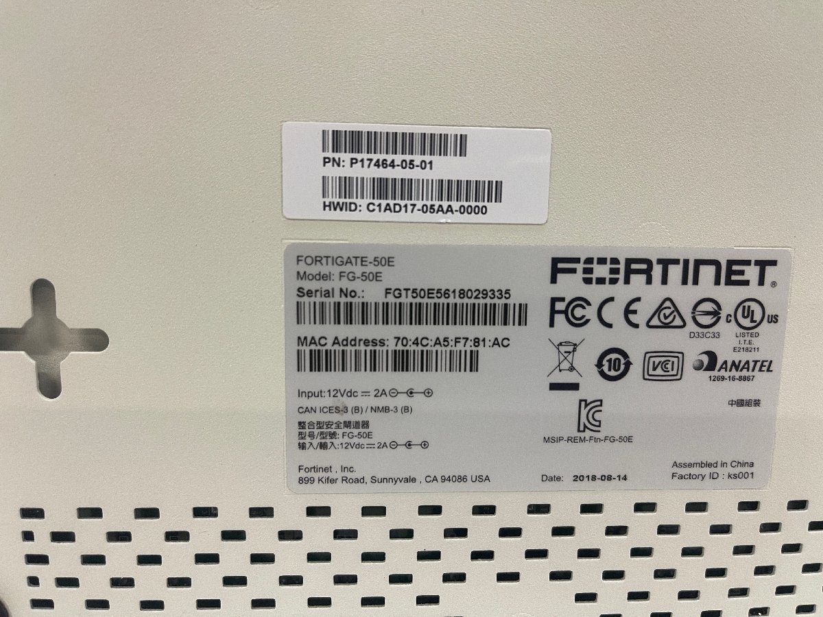 【中古】Fortinet Fortigate 50E　工場出荷初期化済み（478)　ライセンス・サポート期限切れ　 ファームv5.4.10_画像4