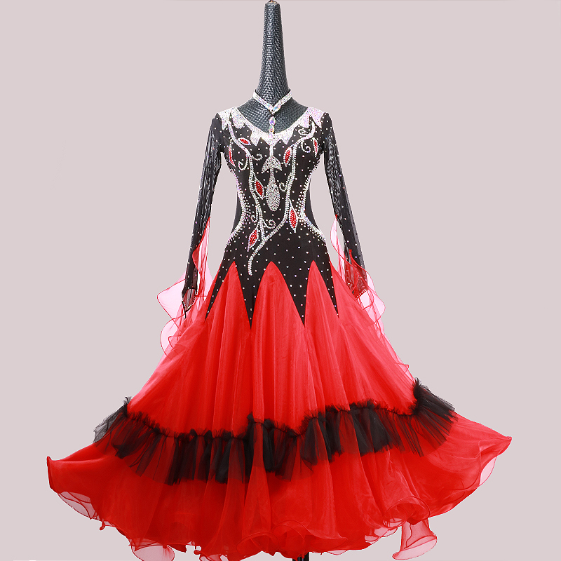 高級ドレス　サイズオーダー　レディース社交ダンス競技衣装　正装ダンスドレス　新入荷　しっかり作り　黒赤