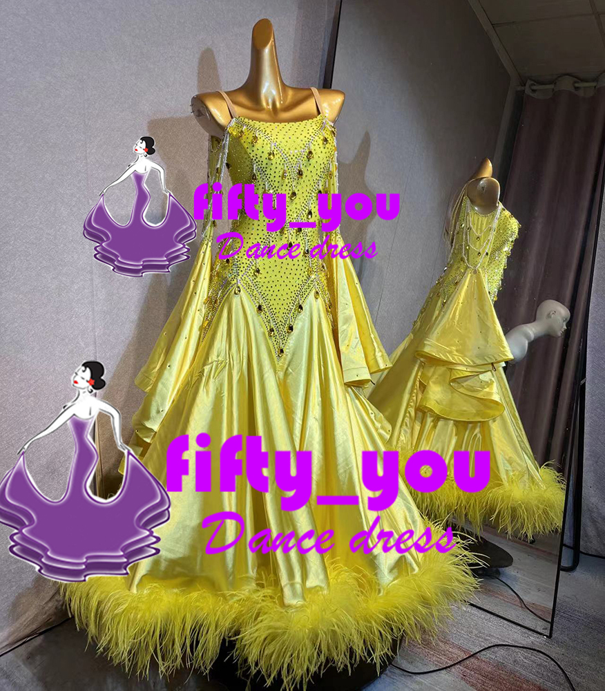 新品fifty_you 　レディース社交ダンスドレス ダンス衣装 サイズセミオーダー ライトストーン飾り　ファー付き　パーティドレス　黄色