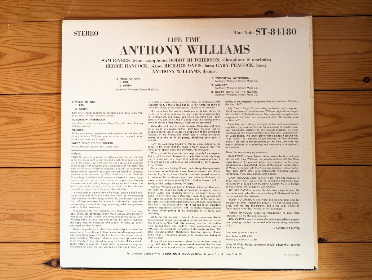 US ORIG/ ANTHONY WILLIAMS/LIFE TIME/Blue Note /トニー・ウィリアムス/ ブルーノート/ Van Gelder刻印/BST84180/Sam Rivers/オリジナル盤_画像2