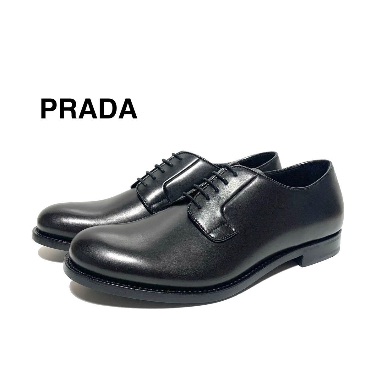 ☆未使用 プラダ PRADA 5ホール プレーントゥ 外羽根 レザー ダービーシューズ 黒 イタリア製 ビジネスシューズ ドレスシューズ 革靴の画像1