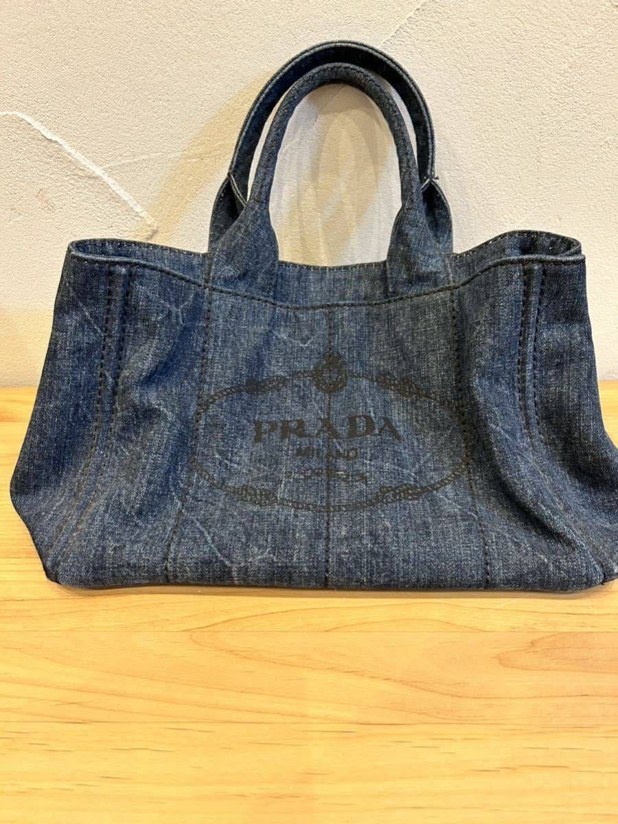 美品●PRADA プラダ●カナパ●三角ロゴプレート●デニム●トート バッグ●ブルー●G金具●トルコ製●腕掛け●