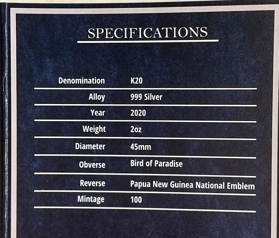 2020年 パプアニューギニア 極楽鳥 20キナ 2オンス マットプルーフ銀貨 PCGS PR70 First Day of Issue アンティークコイン_画像6